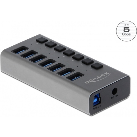 DeLOCK USB hub met 7 poorten en aan/uit schakelaars - USB3.0 - externe 12V voeding / grijs - 1 meter
