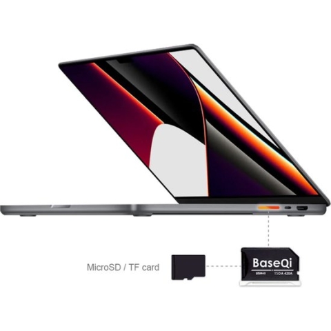 BaseQi 420A: UHS-II MicroSD-kaartadapter voor MacBook Pro 14” en 16” Pro M1-M3, 2021-2023 - Kaartlezer - MacBook Pro - Opslaguitbreiding - Ondersteunt MicroSD’s tot 2TB - UHS-I en UHS-II