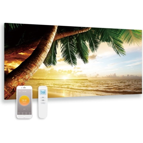 Quality Heating - QH-GD Serie - Bedrukt glazen infrarood paneel – Infrarood verwarming - Infrarood verwarmingspaneel - Met thermostaat - Wand – Wifi – Afstandsbediening - Palmboom - 119x59 - 700Watt