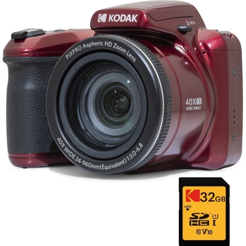 KODAK Pack Bridge Numérique Pixpro Astro Zoom AZ405 + Carte SDHC Kodak Ultra High Speed U1 32GB - Appareil Photo 20 mégapixels, Zoom X40, Grand Angle, LCD, Vidéo Full HD 1080p, OIS, Pile AA - Rouge
