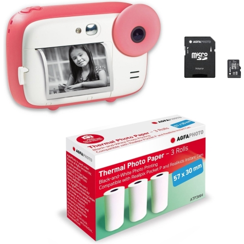 AGFA PHOTO Pack Realikids Instant Cam + 1 carte Micro SD 32GB + 3 rouleaux Papier Thermique ATP3WH - Appareil Photo Instantané Enfant, Ecran LCD 2,4', Miroir Selfie et filtre photo - Rose