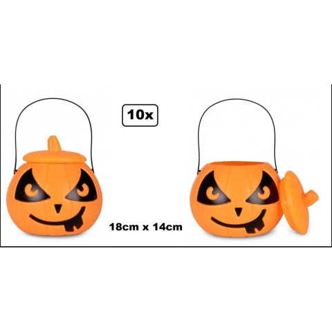 10x Emmer pompoen met deksel en hengsel 18cm x 14cm - Halloween horror snoep griezel thema feest creepy