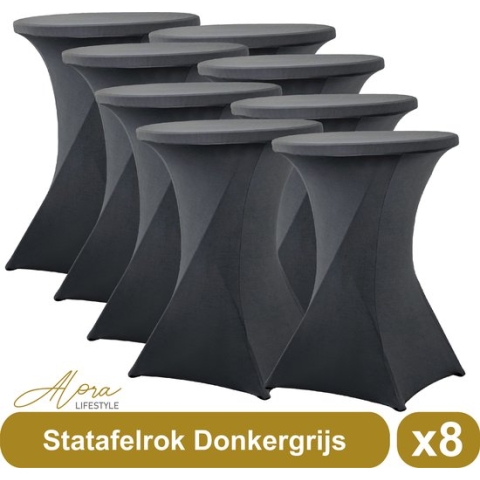 Statafelrok donkergrijs 80 cm - per 8 - partytafel - Alora tafelrok voor statafel - Statafelhoes - Bruiloft - Cocktailparty - Stretch Rok - Set van 8