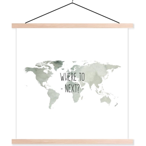 Posterhanger incl. Poster - Schoolplaat - Wereldkaart - Tekst - Grijs - 120x120 cm - Blanke latten