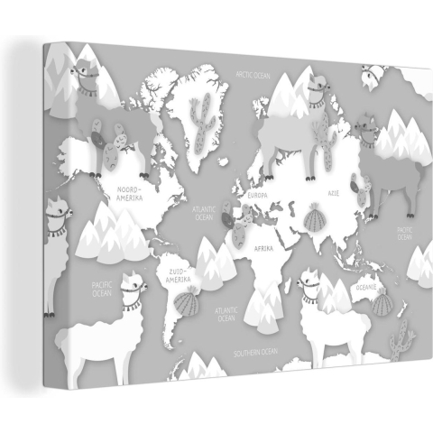 Canvas Wereldkaart - 140x90 - Wanddecoratie Alpaca's en bergen op een lichte wereldkaart - zwart wit