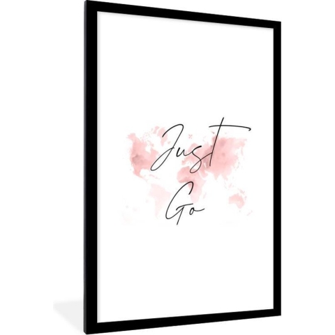 Fotolijst incl. Poster - Wereldkaart - Waterverf - Spreuk - 60x90 cm - Posterlijst