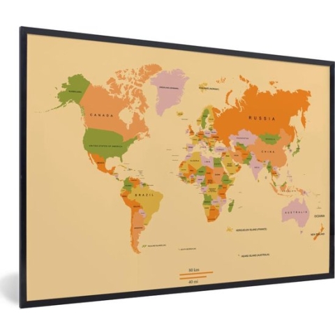 Fotolijst incl. Poster - Wereldkaart - Kleurrijk - Trendy - 90x60 cm - Posterlijst