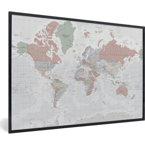 Fotolijst incl. Poster - Wereldkaart - Vintage - Pastel - Aarde - Grijs - Educatief - 90x60 cm - Posterlijst
