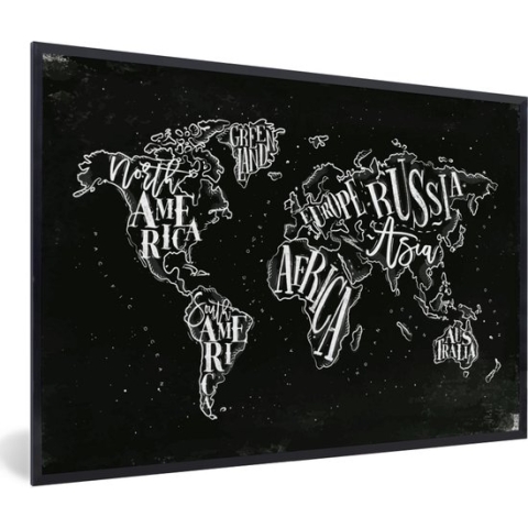 Fotolijst incl. Poster - Wereldkaart - Simpel - Zwart - Wit - 90x60 cm - Posterlijst