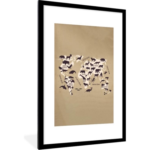 Fotolijst incl. Poster - Wereldkaart - Retro - Dieren - 80x120 cm - Posterlijst