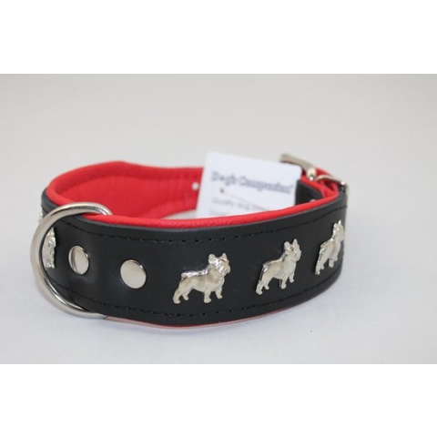 Dog's Companion - Leren halsband Franse Bulldog - Lengte: 65cm (51-60cmx50 mm), Kleur: Zwart / Rood