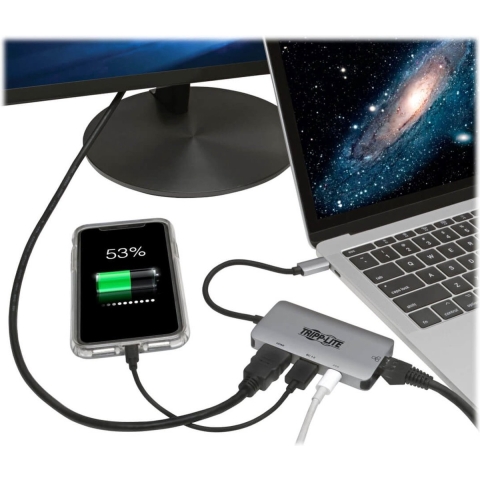 Tripp-Lite U444-06N-H4GUSC USB 3.1 C Adapter with PD Charging - 100W, Ultra 4K HDMI, Gigabit Ethernet & USB-A Hub Port, Gray TrippLite