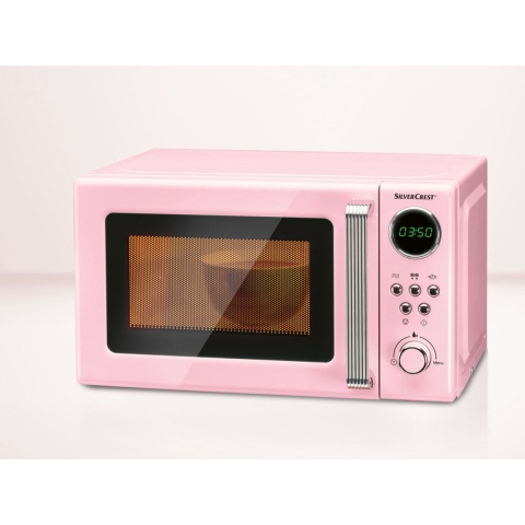 Silvercrest Magnetron - Roze - Vermogen: 700 W - Standen: 5 - Draaiplateau: Ø25,5 cm - Voor verwarmen, koken en ontdooien - In een trendy retro design - Intuïtieve bediening met draaiknoppen