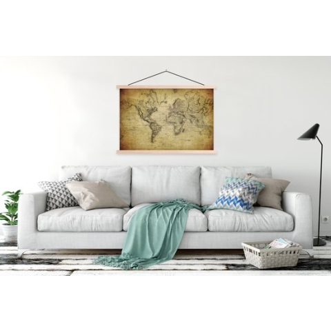 Posterhanger incl. Poster - Schoolplaat - Wereldkaart - Vintage - Antiek - Bruin - Papier - 150x100 cm - Blanke latten