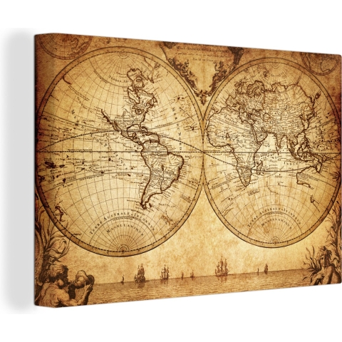 Canvas Wereldkaart - 140x90 - Wanddecoratie Wereldkaart - Antiek - Vintage - Kindje - Jongetje - Meisje