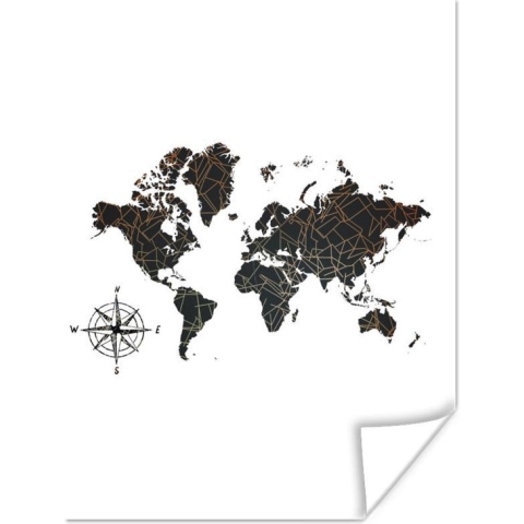Poster Wereldkaart - Zwart - Abstract - 120x160 cm XXL