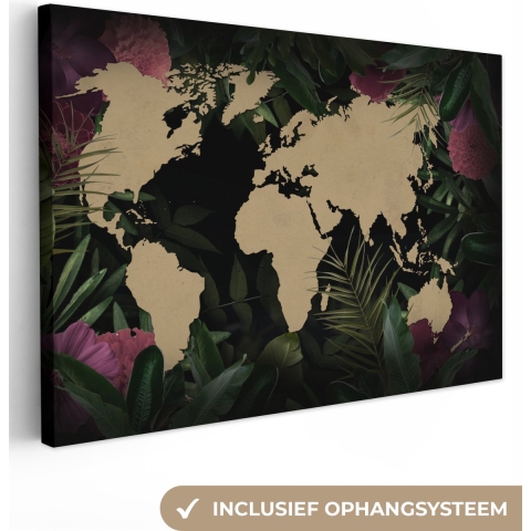 Canvas Wereldkaart - 150x100 - Wanddecoratie Wereldkaart - Bloemen - Bladeren