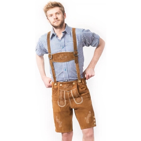 Tannhauser Lederhosen Anton Kort 100% Echt Leder Oktoberfest Heren Carnavalskleding Heren Lederhosen Man - Leer- Bruin- XL