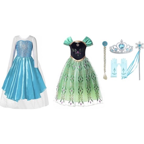 Het Betere Merk - 6-pack - Prinsessenjurk meisje - 2 x verkleedjurk - Groene jurk - Blauwe jurk - Carnavalskleding kinderen - Prinsessen Verkleedkleding - 128/134 (140) - Cadeau meisje - Prinsessen speelgoed - Kleed