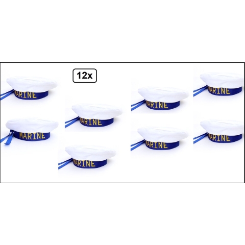12x Matroos muts blauw/wit - Matrozen baret marine schipper thema feest festival varen boot thema feest carnaval optocht