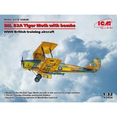 1:32 ICM 32038 DH. 82A Tiger Moth with bombs - WWII British Plastic Modelbouwpakket
