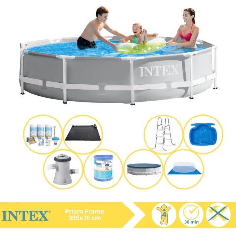 Intex Prism Frame Zwembad - Opzetzwembad - 366x76 cm - Inclusief Afdekzeil, Onderhoudspakket, Filter, Grondzeil, Solar Mat, Trap en Voetenbad