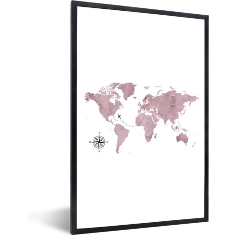 Fotolijst incl. Poster - Wereldkaart - Roze - Vliegtuig - 80x120 cm - Posterlijst