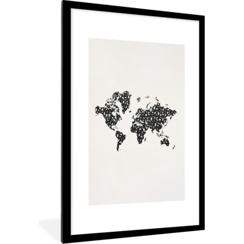 Fotolijst incl. Poster - Wereldkaart - Cijfers - Zwart - 60x90 cm - Posterlijst
