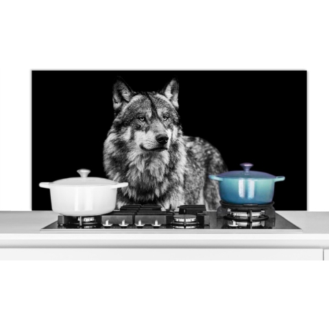 Spatscherm Keuken - Kookplaat Achterwand - Spatwand Fornuis - 120x60 cm - Wolf - Dieren - Wild - Zwart - Wit - Aluminium - Wanddecoratie - Muurbeschermer - Hittebestendig
