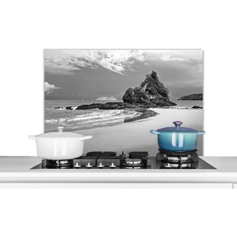 Spatscherm Keuken - Kookplaat Achterwand - Spatwand Fornuis - 90x60 cm - Paradijs op het strand van Costa Rica in zwart wit - Aluminium - Wanddecoratie - Muurbeschermer - Hittebestendig