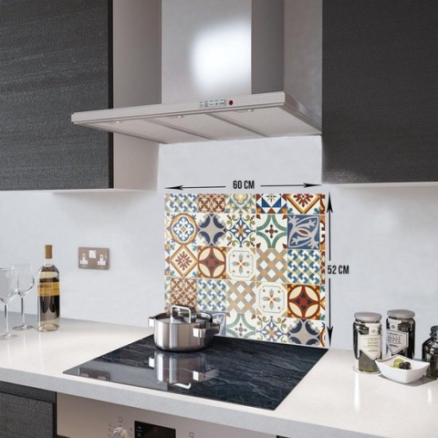 Tegelpatroon Tempered Glas Spatbescherming Voor Achter de Kookplaat 52cm x 60cm