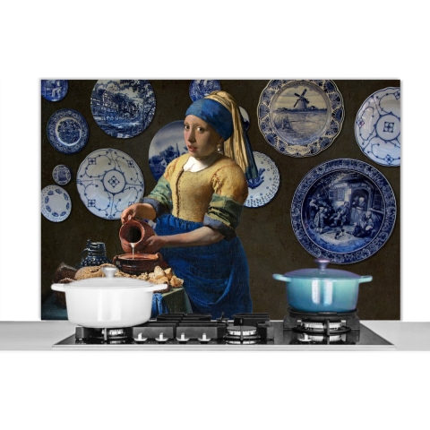 Spatscherm Keuken - Kookplaat Achterwand - Spatwand Fornuis - 120x80 cm - Meisje met de parel - Melkmeisje - Delfts Blauw - Aluminium - Wanddecoratie - Muurbeschermer - Hittebestendig