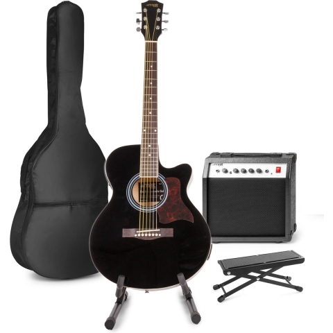 Elektrisch akoestische gitaar - MAX ShowKit gitaarset met 40W gitaar versterker, gitaar standaard, gitaar voetenbankje, gitaar stemapparaat, gitaartas en plectrum - Zwart