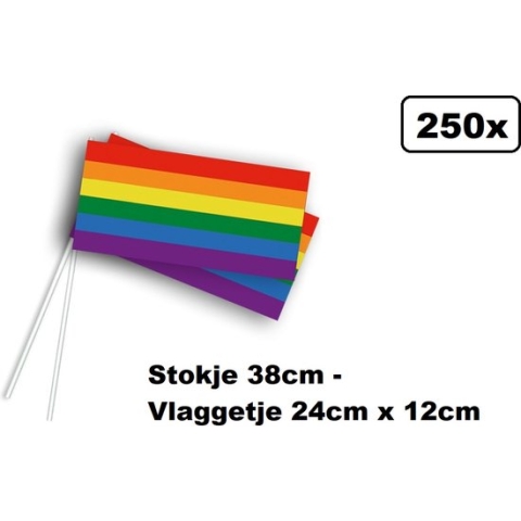 250x Regenboog Zwaaivlaggetje - stokje 38cm - vlag 24cm x 12cm - Festival thema feest verjaardag party pride