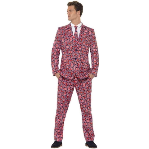 Smiffy's - Vlaggen Kostuum - Extravagant Herenkostuum Keurig Pak Engelse Vlag Union Jack Man - Blauw, Rood - XL - Carnavalskleding - Verkleedkleding