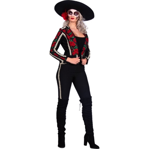 Wilbers & Wilbers - Spaans & Mexicaans Kostuum - Mexicaanse Mariachi Rose Della Rosa - Vrouw - Rood, Zwart - Maat 36 - Halloween - Verkleedkleding