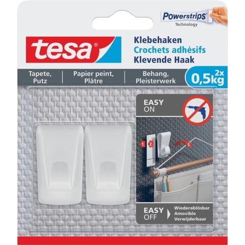 Tesa Klevende Haak, draagkracht 0,5 kg, behang en pleisterwerk, wit, 2 haken en 3 strips 8 stuks