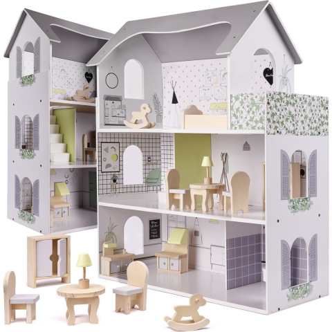 Zeer luxe XL houten poppenhuis met meubels 70 cm grijs - Speelhuisje voor jong en oud - Speelhuis van hout - Duurzaam speelgoed - groot model
