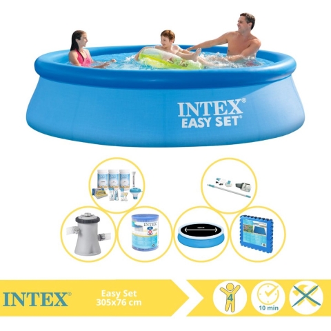 Intex Easy Set Zwembad - Opblaaszwembad - 305x76 cm - Inclusief Solarzeil Pro, Onderhoudspakket, Filter, Stofzuiger en Zwembadtegels