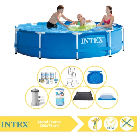 Intex Metal Frame Zwembad - Opzetzwembad - 366x76 cm - Inclusief Onderhoudspakket, Filter, Grondzeil, Solar Mat, Trap en Voetenbad