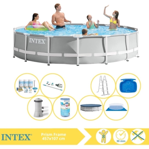 Intex Prism Frame Zwembad - Opzetzwembad - 457x107 cm - Inclusief Onderhoudspakket, Filter, Stofzuiger en Voetenbad