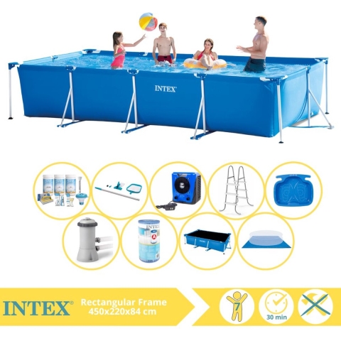 Intex Rectangular Frame Zwembad - Opzetzwembad - 450x220x84 cm - Inclusief Solarzeil Pro, Onderhoudspakket, Filter, Grondzeil, Onderhoudsset, Trap, Voetenbad en Warmtepomp HS