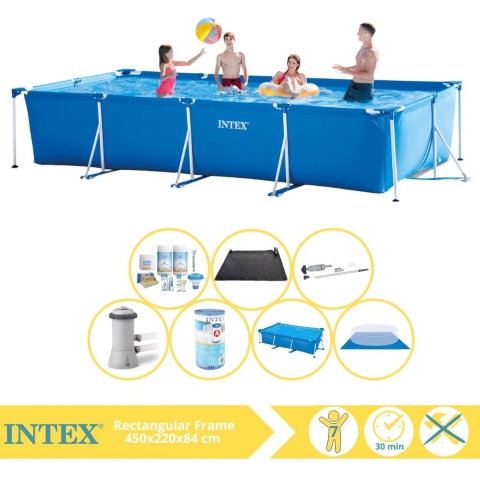 Intex Rectangular Frame Zwembad - Opzetzwembad - 450x220x84 cm - Inclusief Solarzeil, Onderhoudspakket, Filter, Grondzeil, Stofzuiger en Solar Mat