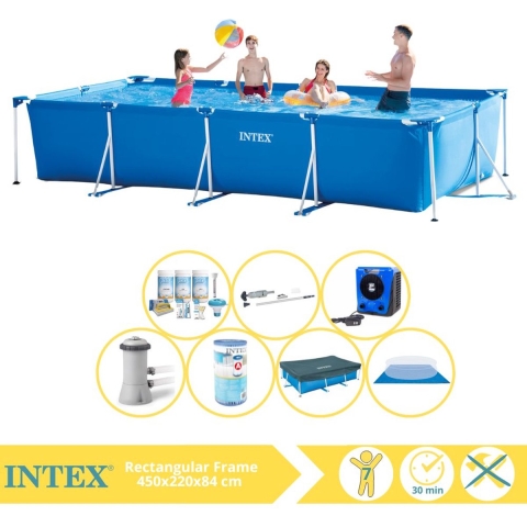 Intex Rectangular Frame Zwembad - Opzetzwembad - 450x220x84 cm - Inclusief Afdekzeil, Onderhoudspakket, Zwembadpomp, Filter, Grondzeil, Stofzuiger en Warmtepomp HS