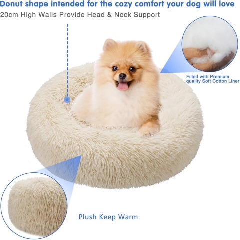 Kattenbed, hondenbed, donut huisdierenbed, ronde warme knuffelkennel zachte puppybank, kattenkussen, bed slaapzak en verbeterde slaap, 60 cm, beige