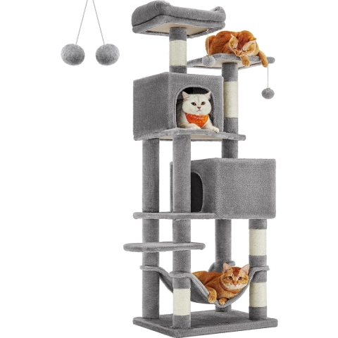 Signature Home XXL Krabpaal - 155 cm hoog - kattenboom met 5 krabzuilen - Kattenhuis 2 platforms - 2 kattenholletjes - hangmat - 2 pluche ballen - pluche - lichtgrijs