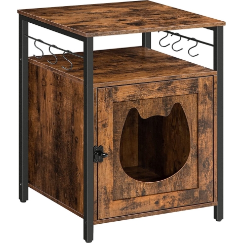 Kattenbak, Kattenhuis met 6 Verwijderbare Haken, Kattengrot, Enkele Deur en Open Plank, Kattenbak, Grote Opbergruimte, Stal, Bank, Kattenladekast, Woonkamer, Hal EBF05MW01