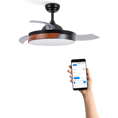 CREATE - WIND CLEAR - Stille 40W Plafondventilator Ø107 cm - Zwart & Donker hout - Met licht - Met WIFI