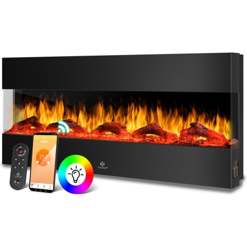 KESSER® Elektrische Sfeerhaard met LED 3D Vlam Effect - Elektrische Haard 900/1800W Electrische Kachel Verwarming met 9 Kleurmodi Wandmontage - Wandhaard met App-bediening & Afstandsbediening - Zwart / 138 cm