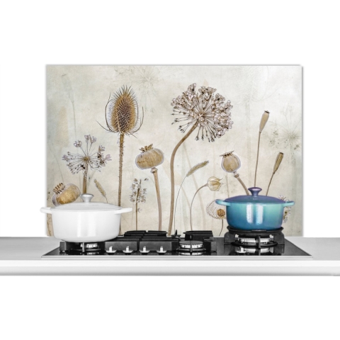 Spatscherm Keuken - Kookplaat Achterwand - Spatwand Fornuis - 100x65 cm - Bloemen - Waterverf - Stilleven - Bruin - Vintage - Aluminium - Wanddecoratie - Muurbeschermer - Hittebestendig